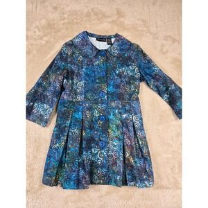 Frazzle Women's Blue Teal Multi Circle Print Collared Button Front Pleated Dress